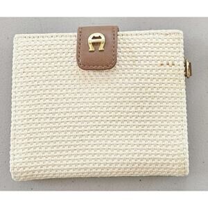 NWOT Etienne Aigner Womens Wallet Keychain Faux Leather Straw Beige Brown